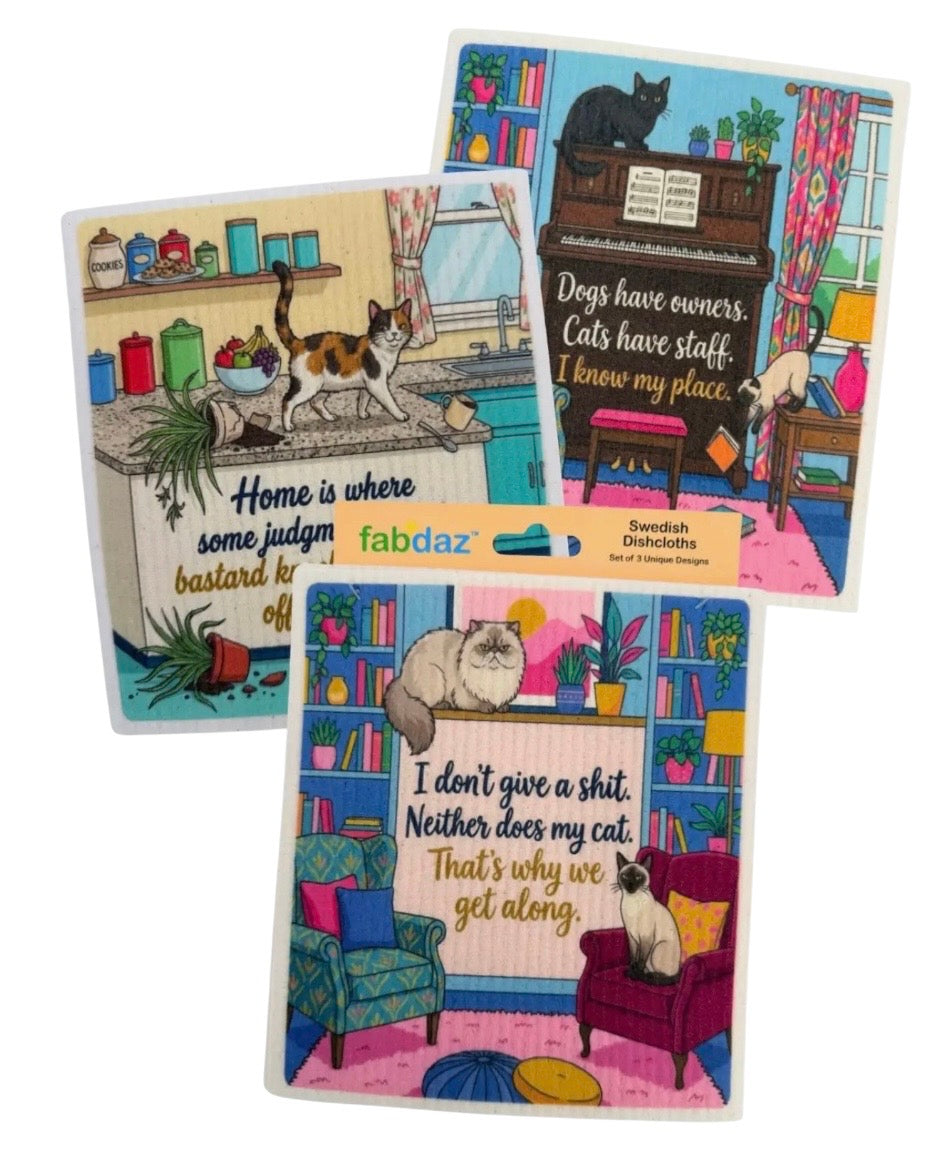 SASSY FUNNY CAT Sayings Set Of 3 Swedish Dishcloths ‘DOGS HAVE OWNERS. CATS HAVE STAFF. I KNOW MY PLACE’