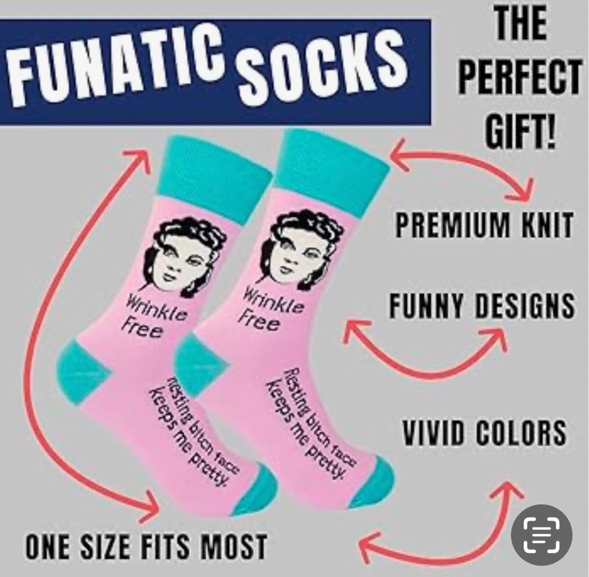FUNATIC Brand Unisex WRINKLE FREE RESTING BITCH FACE KEEPS ME PRETTY Socks - Novelty Socks And Slippers