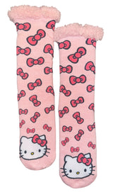 SANRIO HELLO KITTY Ladies Sherpa Lined Gripper Bottom Slipper Socks With Hello Kitty Bows All Over - Novelty Socks And Slippers