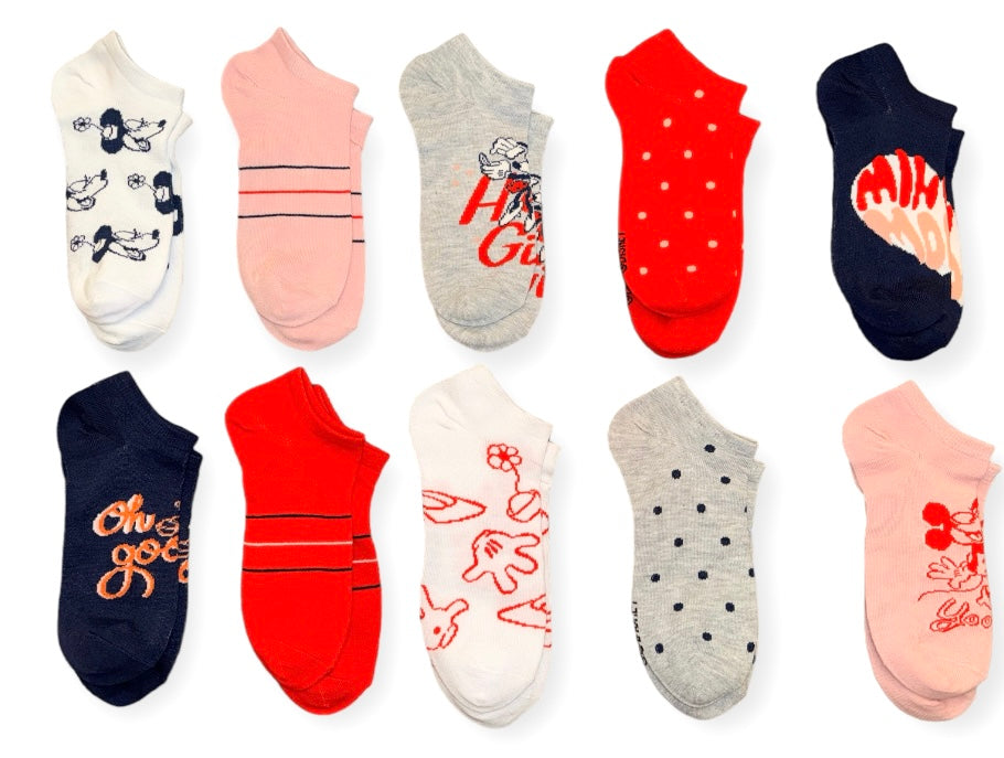 DISNEY Ladies MINNIE MOUSE 10 Pair Of Low Show Socks ‘HAPPY GIRL’ - Novelty Socks And Slippers
