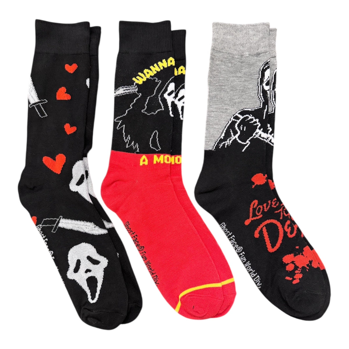 SCREAM The Movie Men’s GHOSTFACE 3 Pair Of VALENTINES DAY Socks ‘LOVE YOU TO DEATH’ BIOWORLD Brand - Novelty Socks And Slippers