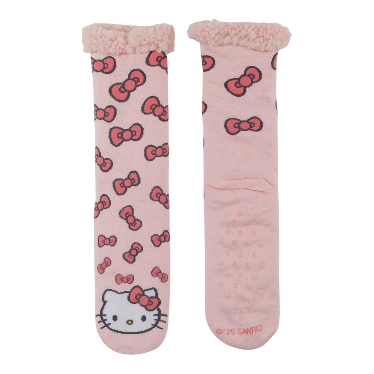 SANRIO HELLO KITTY Ladies Sherpa Lined Gripper Bottom Slipper Socks With Hello Kitty Bows All Over - Novelty Socks And Slippers