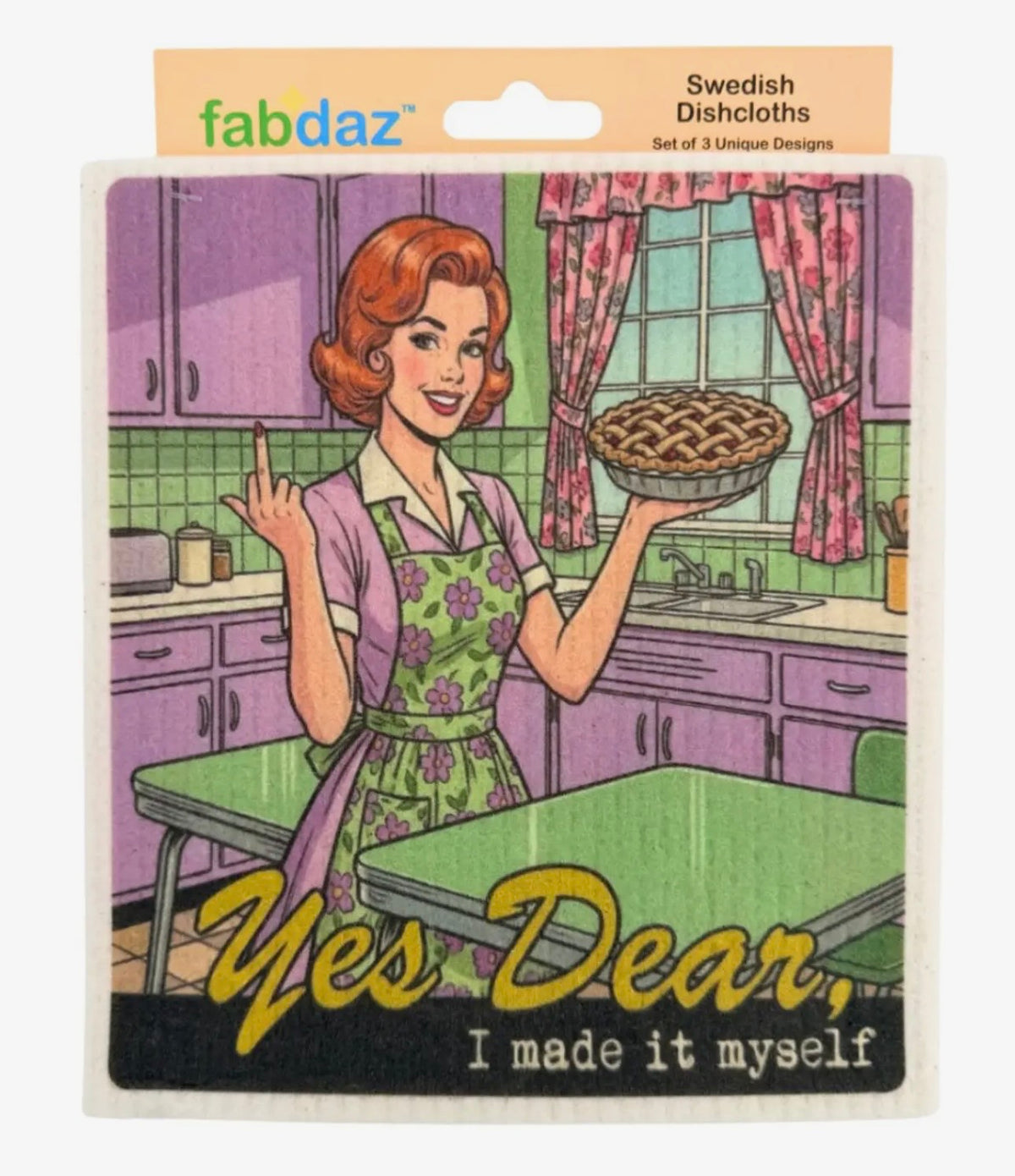 CRAZY RETRO WIFE Set Of 3 Sassy Swedish Dishcloths ‘Yes Dear, I Made It Myself’ With Middle Finger