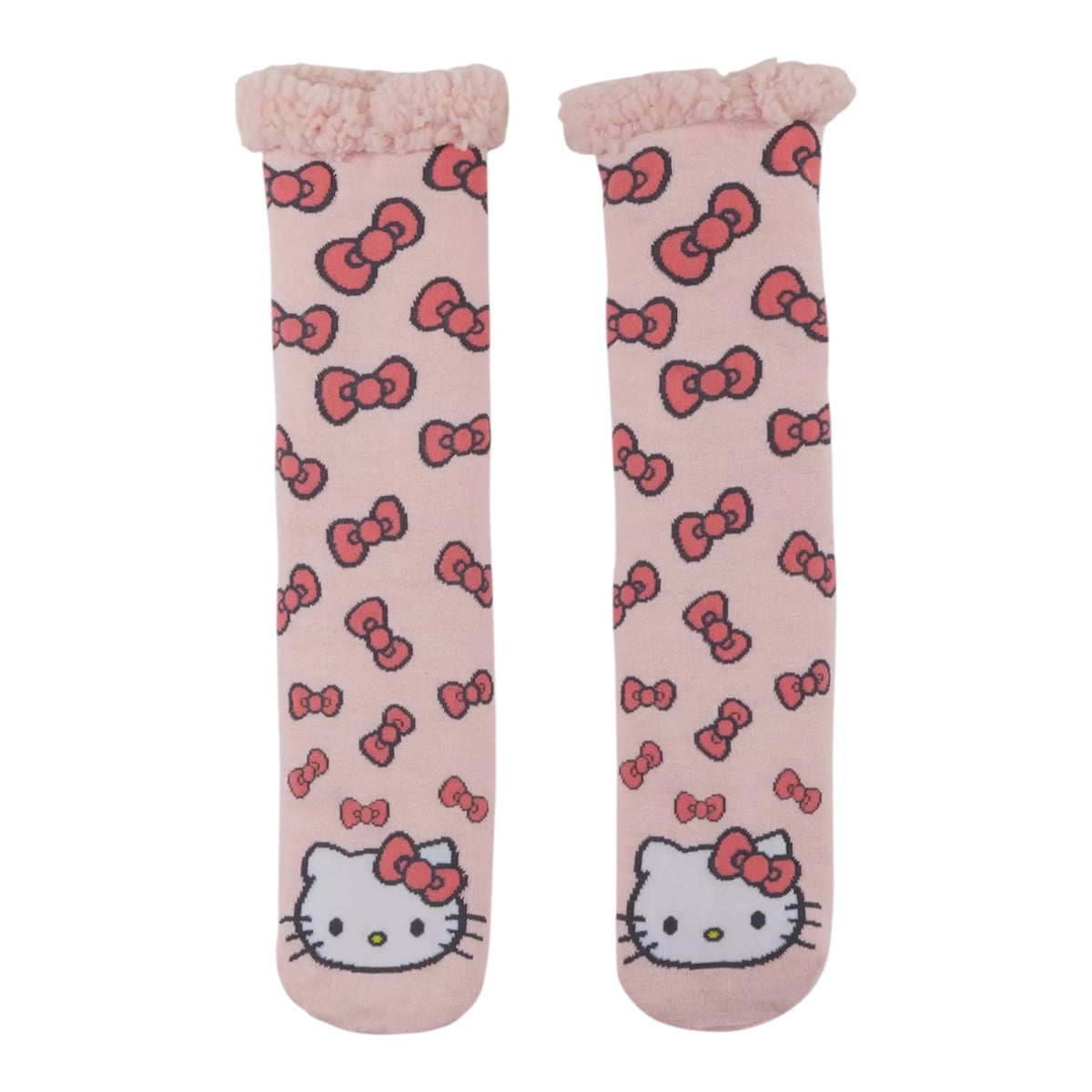 SANRIO HELLO KITTY Ladies Sherpa Lined Gripper Bottom Slipper Socks With Hello Kitty Bows All Over - Novelty Socks And Slippers