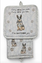 DOG & CAT 3 Piece Oven Mitt & Tea Towel Set By E&S Pets (CHOOSE BREED) - Novelty Socks And Slippers
