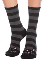 FOOT TRAFFIC Brand Ladies BLACK CAT Non-Skid Slipper Socks - Novelty Socks And Slippers