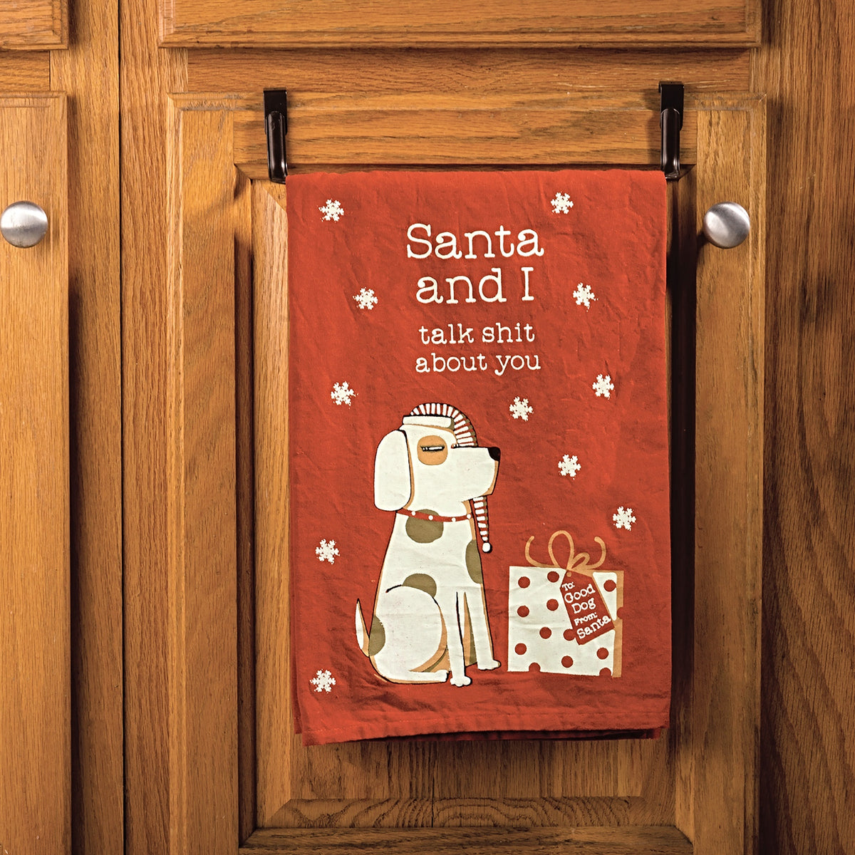 PRIMITIVES BY KATHY DOG CHRISTMAS KITCHEN TEA TOWEL ‘SANTA & I TALK SHIT ABOUT YOU’RE - Novelty Socks for Less