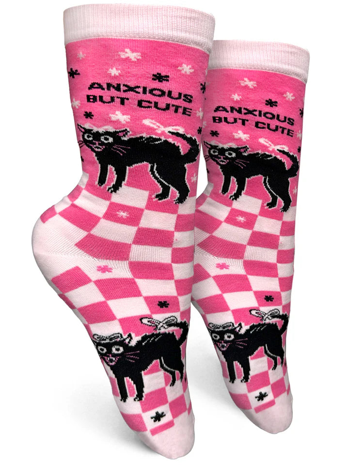 GROOVY THINGS Co. Brand Ladies BLACK CAT Socks ANXIOUS BUT CUTE - Novelty Socks And Slippers