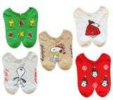 PEANUTS Ladies 5 Pair Of CHRISTMAS No Show Socks SNOOPY & WOODSTOCK ‘HOLIDAY LOVE’ - Novelty Socks And Slippers