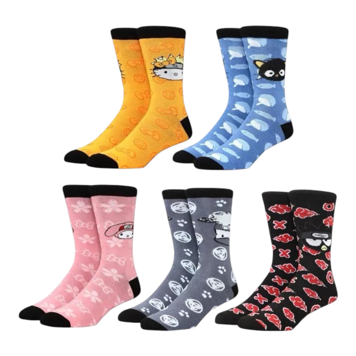 SANRIO X NARUTO Men’s 5 Pair Crew Socks BIOWORLD Brand
