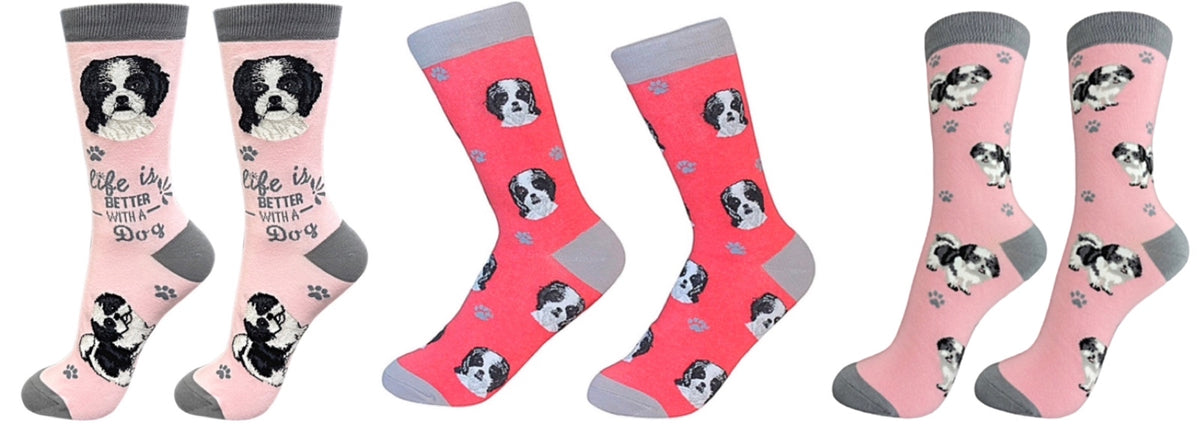 BLACK & WHITE SHIH TZU Dog Unisex Socks By E&S Pets CHOOSE SOCK DADDY, HAPPY TAILS, LIFE IS BETTER - Novelty Socks for Less