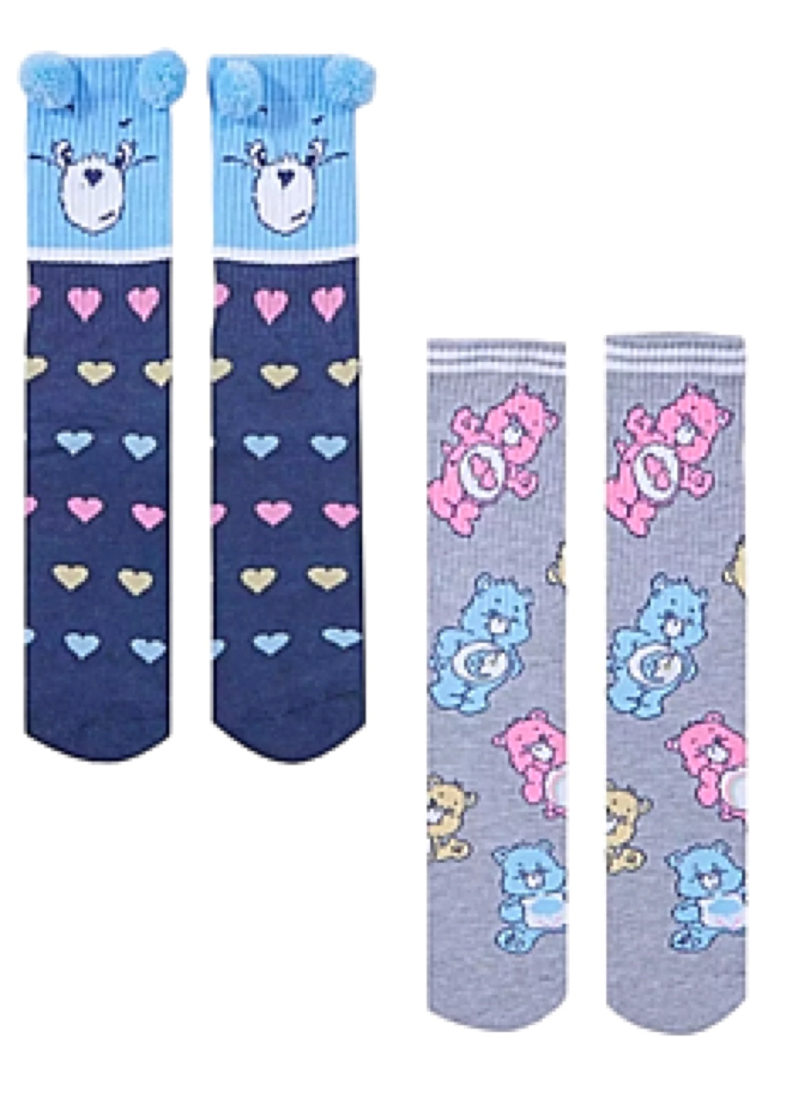 CARE BEARS Ladies 2 Pair Of Socks GRUMPY BEAR HEARTS ALL OVER With POMS - Novelty Socks And Slippers