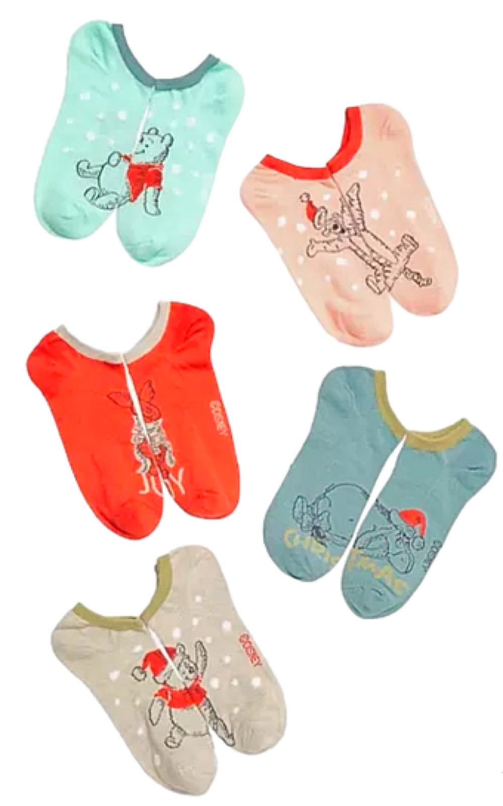 DISNEY WINNIE THE POOH Ladies CHRISTMAS 5 Pair Of No Show Socks TIGGER, PIGLET, EYEORE - Novelty Socks for Less