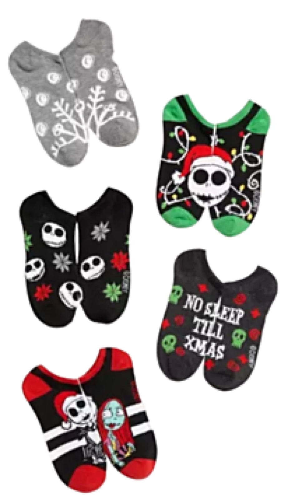 DISNEY THE NIGHTMARE BEFORE CHRISTMAS Ladies 5 Pair Of No Show Socks SANTA JACK & SALLY - Novelty Socks for Less