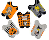 PEANUTS Ladies 5 Pair Of HALLOWEEN NO SHOW SOCKS SNOOPY & WOODSTOCK 'FANG-TASTIC' - Novelty Socks for Less