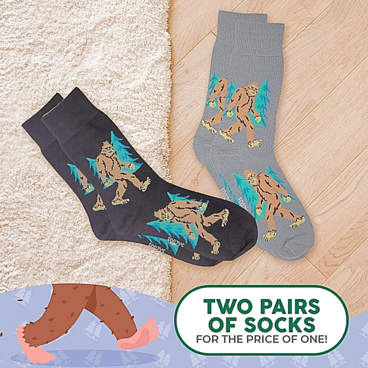 FOOZYS Men’s 2 Pair BIGFOOT SASQUATCH Socks - Novelty Socks for Less