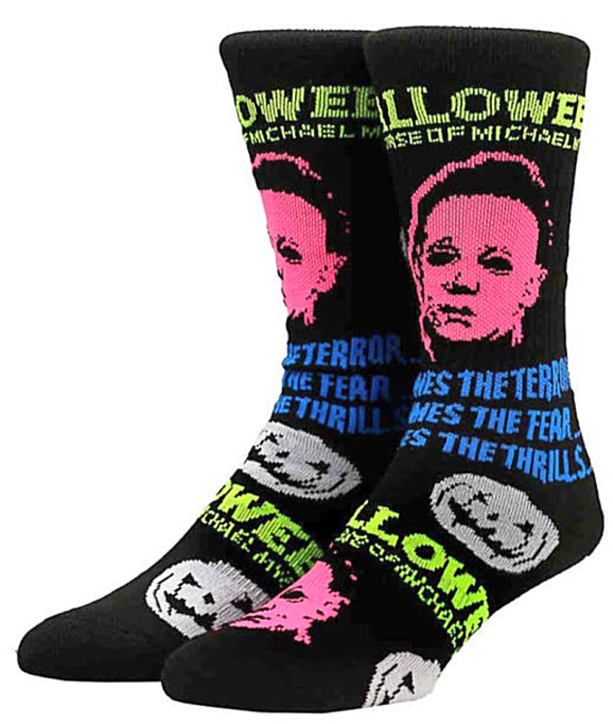 HALLOWEEN MENS MICHAEL MYERS BLACK LIGHT CREW SOCKS BIOWORLD BRAND - Novelty Socks for Less