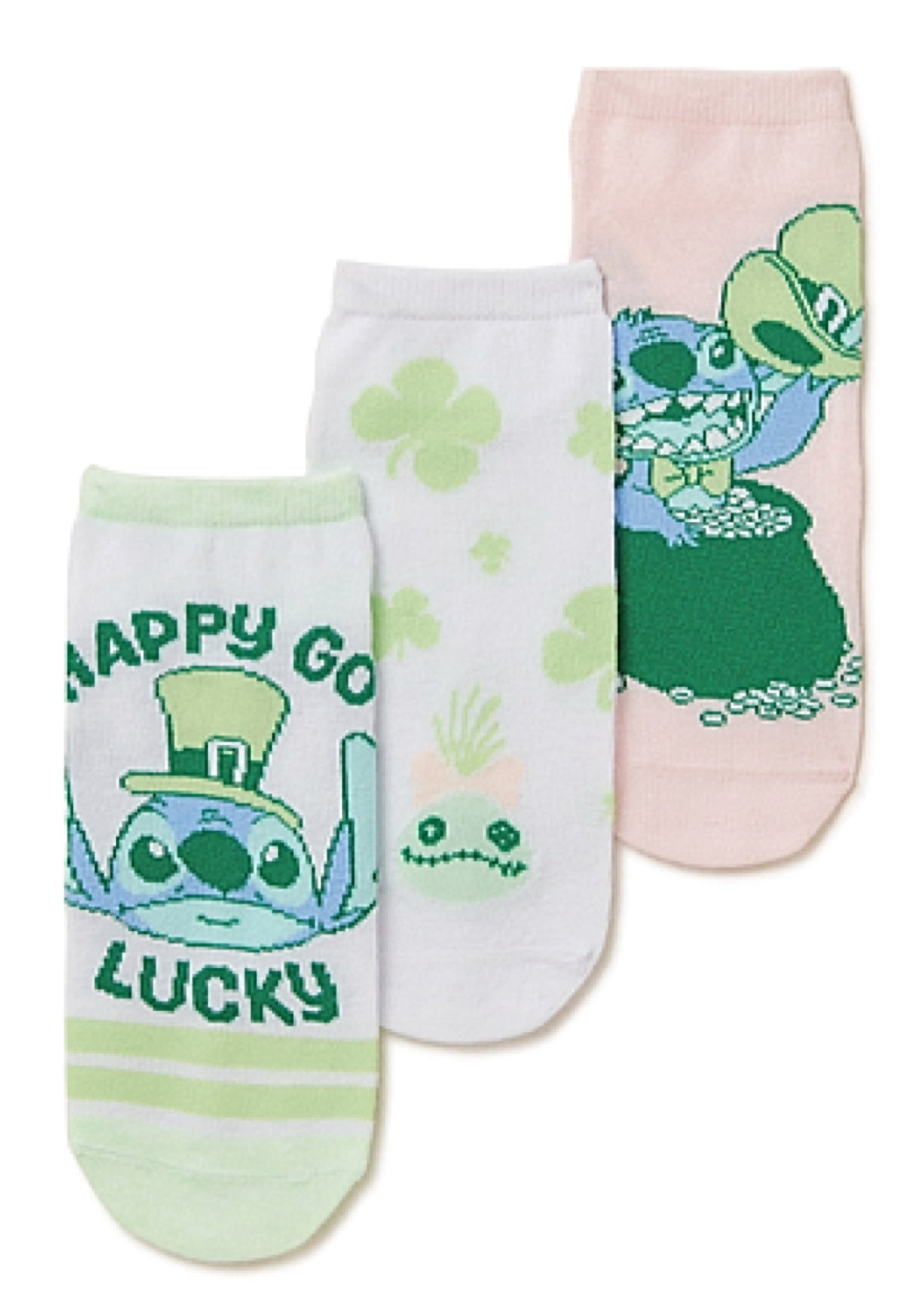 DISNEY Ladies LILO & STITCH ST. PATRICKS DAY 3 Pair Of No Show Socks - Novelty Socks for Less