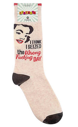 FUNATIC Brand Unisex ‘I THINK I SEIZED THE WRONG F-N DAY’ - Novelty Socks for Less