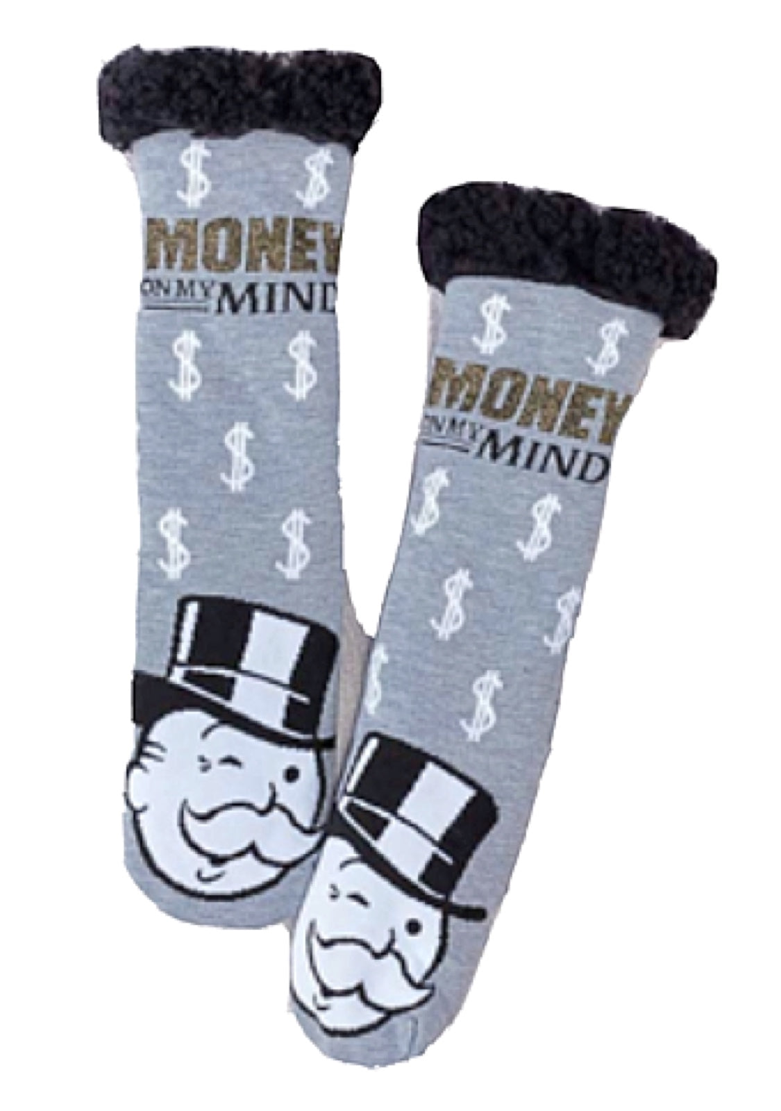 MONOPOLY Ladies Sherpa Lined Gripper Bottom Slipper Socks ‘MONEY ON MY MIND’ - Novelty Socks for Less